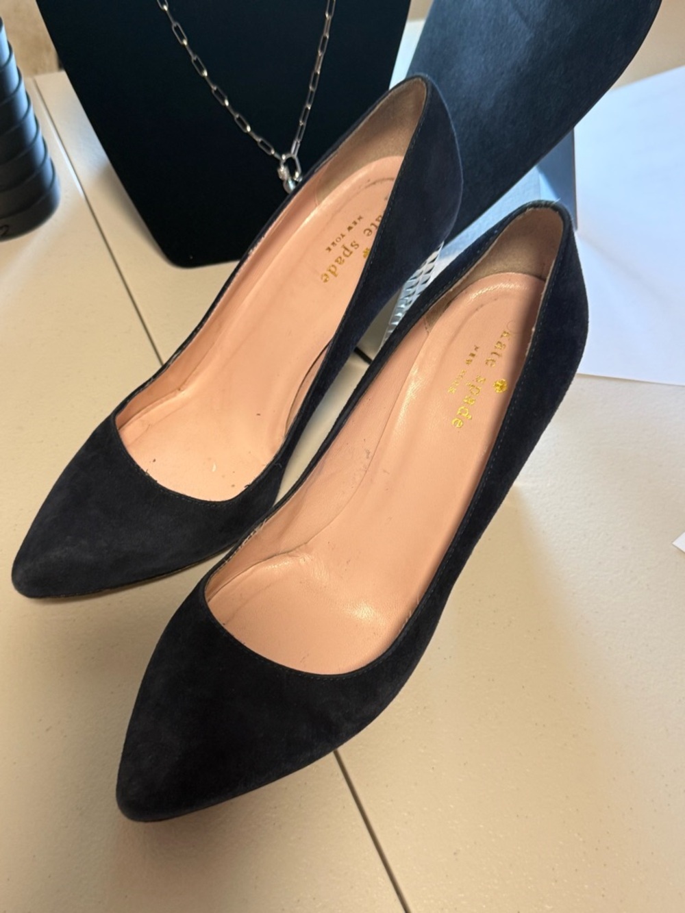 kate spade Blue Suede Pointed Toe Pumps with silver Heels